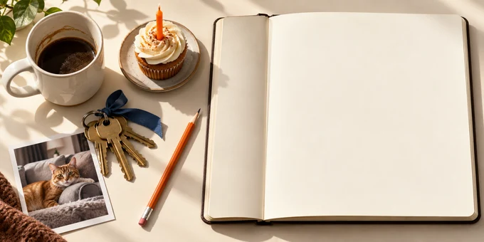 Una libreta en blanco sobre un escritorio, junto a un pastelito de cumpleaños, unas llaves, un café y una foto de un gato.