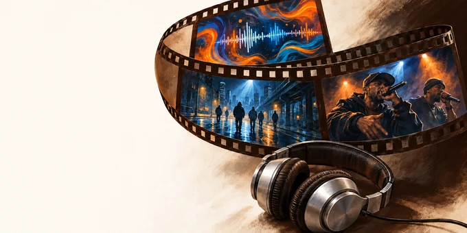 Una tira de película curva con visuales de sonido abstractos, una calle de cine y dos raperos ilustrados, sobre unos audífonos de estudio.