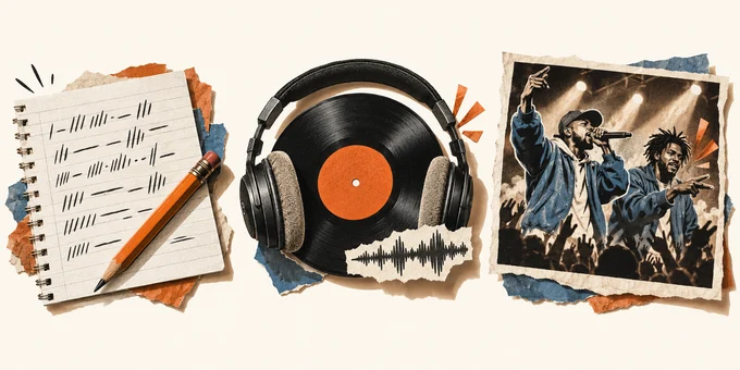 Collage éditorial comparant un carnet de paroles, un casque avec un vinyle et une forme d’onde, et une performance illustrée de deux personnes.