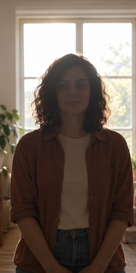 The same adult with a bright window behind her and the face darkened by backlight.