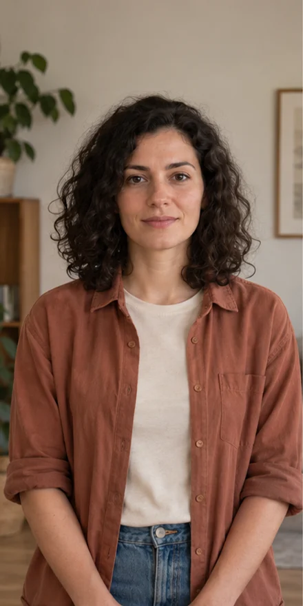 Fictional adult facing the camera in soft front light with uncovered eyes.