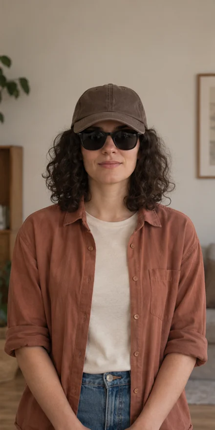 The same adult wearing dark sunglasses and a low cap that obscure the eyes.
