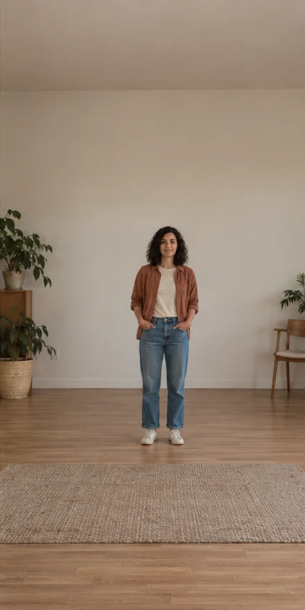 The same adult standing far from the camera, with the face small in a full-length photo.