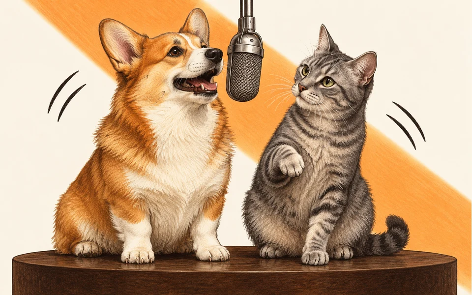 Un corgi e un gatto tigrato grigio illustrati, seduti sotto un grande microfono: il cane apre la bocca e il gatto alza la zampa a tempo.