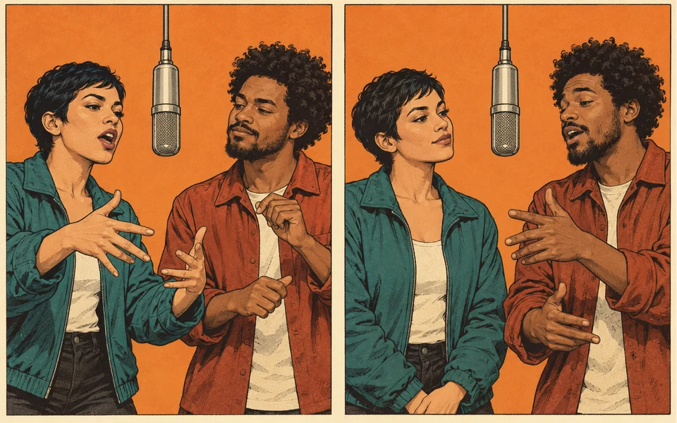 Uno storyboard in due riquadri mostra la stessa donna che apre il rap a sinistra e l’uomo che risponde a destra, senza cambiare posto.