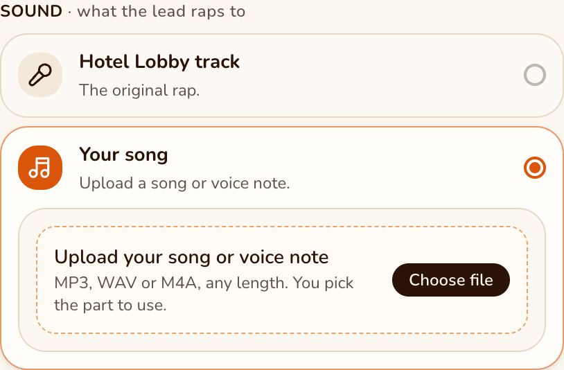 The actual Your song option and audio file chooser.