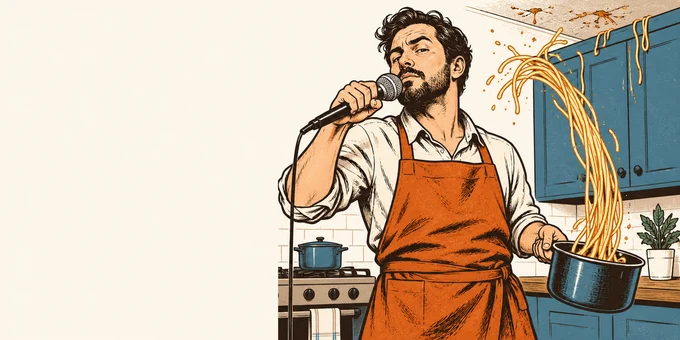 Un cuoco adulto rappa serio in un microfono mentre gli spaghetti volano dalla pentola verso il soffitto, in stile serigrafia.