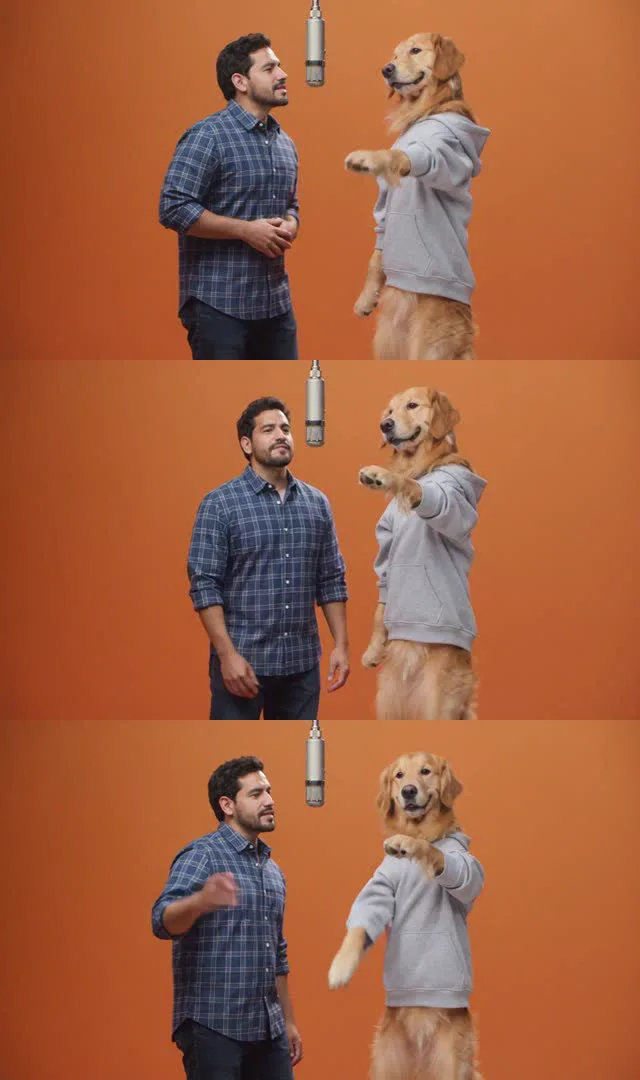 Tre fotogrammi di un test RapVideo Hotel Lobby: un uomo con camicia a quadri a sinistra e un golden retriever con felpa grigia in piedi sulle zampe posteriori a destra, davanti a una parete arancione con un microfono sospeso.