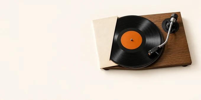 Un vinile senza scritte con centro arancione e un braccio argentato, su una copertina color crema. Natura morta editoriale.
