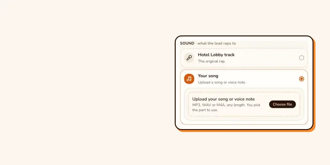 The RapVideo editor with Your song selected as the sound and a button to choose an audio file.