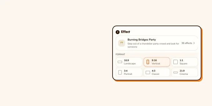 The RapVideo editor with the Burning Bridges Party effect and the vertical format selected.